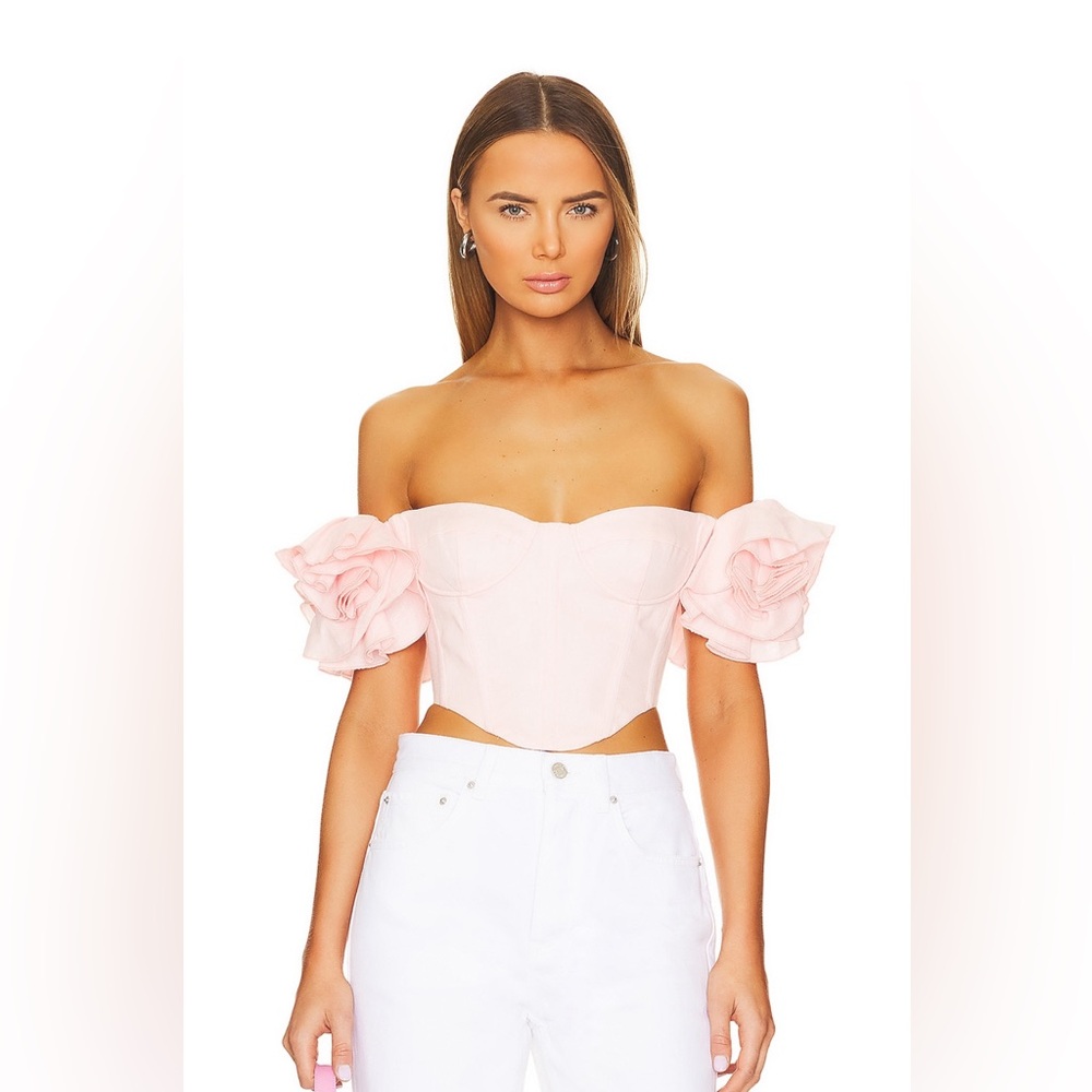 Bardot Pale Pink Off-Shoulder Corset Top with Floral Sleeves